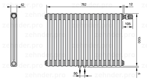 Схема (чертеж) Радиатор Zehnder Charleston 2100/17 №V008 Белый глянцевый RAL 9016